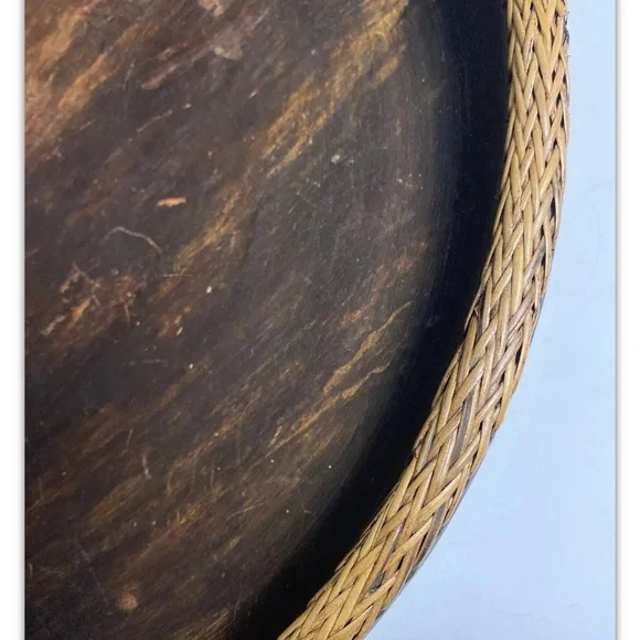 Vintage Hand Carved Lombok Indonesian 15”D Solid Wood Bowl Rattan Basket Rim - Picture 7 of 13